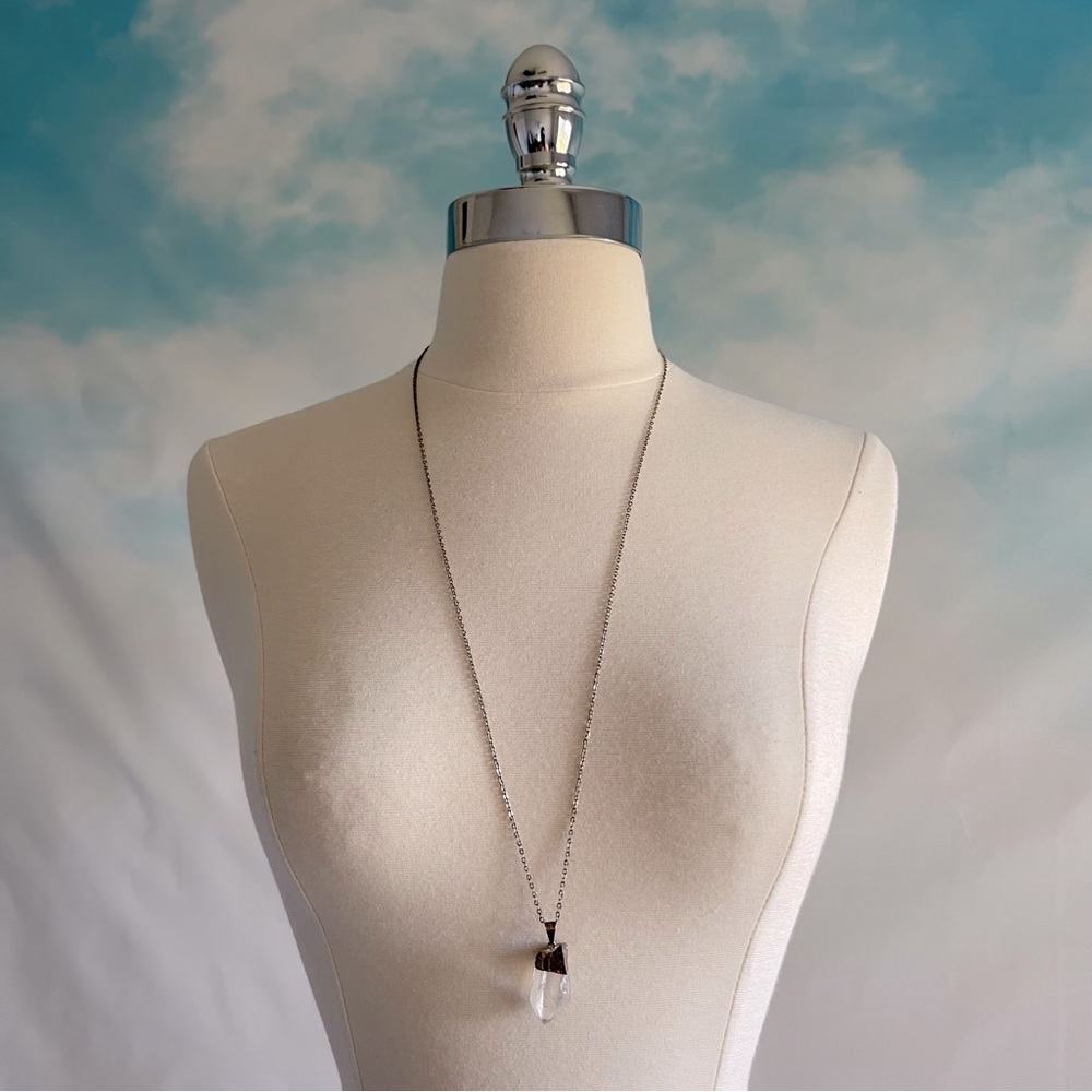 Long Stainless Steel and Raw Clear Quartz Necklace